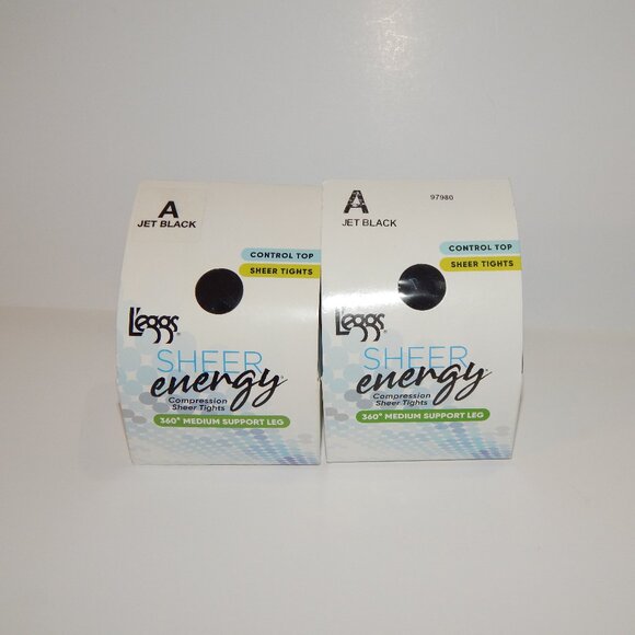 2 A - L'eggs Jet Black Sheer Energy Control Top Stockings Leggs Tights Pantyhose - Picture 1 of 3